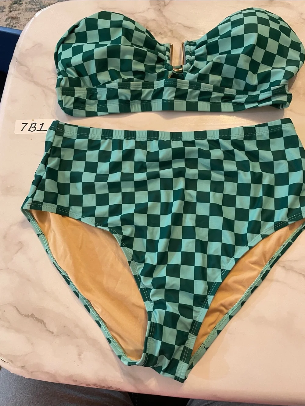 Green Checkerboard Bandeau Bikini Set with Beige Lining